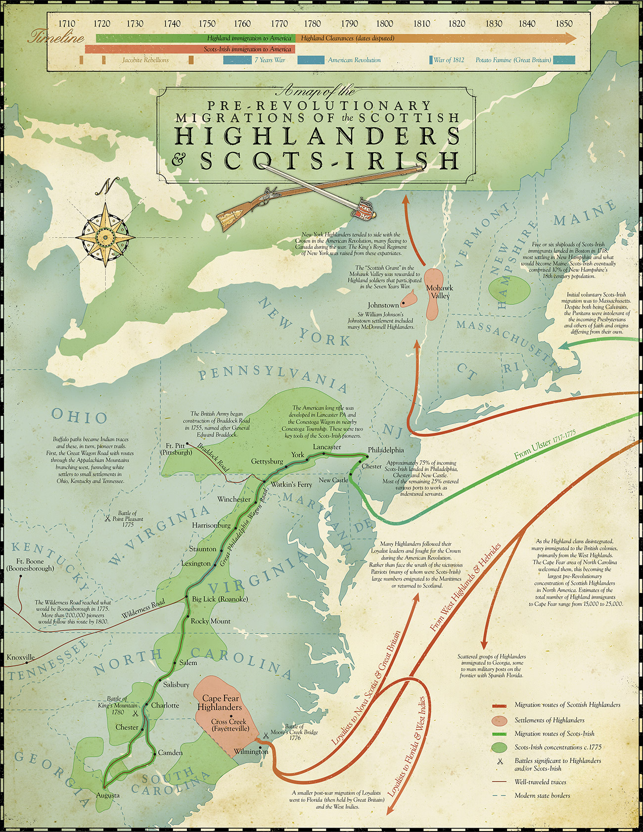 A map of Pre-Revolutionary Migrations of the Scottish Highlanders and Scots-Irish